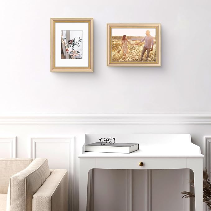 Golden State Art,9x12 Ornate Picture Frame for 6x8 Photo with Mat or 9 x 12 Prints without Mat, Real Glass Wall Display Horizontally or Vertically (Color:Champagne Gold)