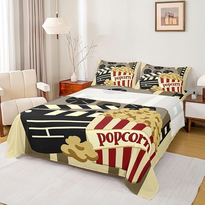Erosebridal Retro Film Cinema Queen Size Bed Sheets Set for Kids Teens Adults,Delicious Popcorn Sheet Set,Movie Theater Film Sheets,Vintage 70s 80s Flat Fitted Sheet with 2 Pillowcases Luxury Soft