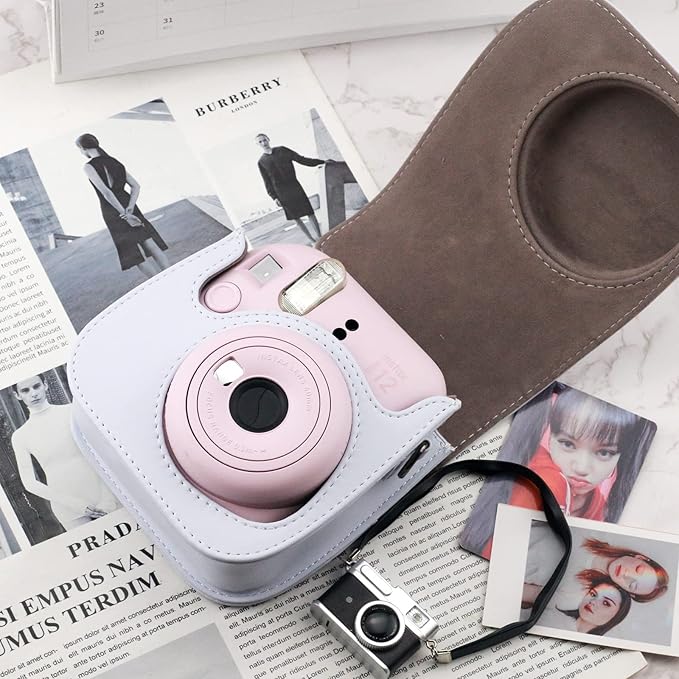 Frankmate Protective Case Compatible with Fujifilm Instax Mini 12 11 9 8 Instant Film Camera with Pocket and Adjustable Strap (White)