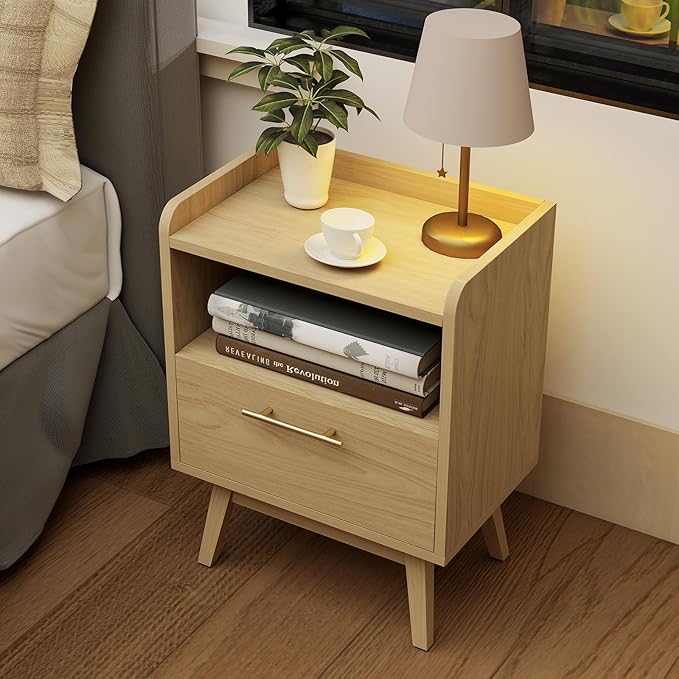 Night Stand with Drawer & Open Storage Shelf, Small Wooden Nightstand with Raised Edge, Mid Century Modern Side Table with Solid Wood Feet, Metal Handle for Bedroom Natural
