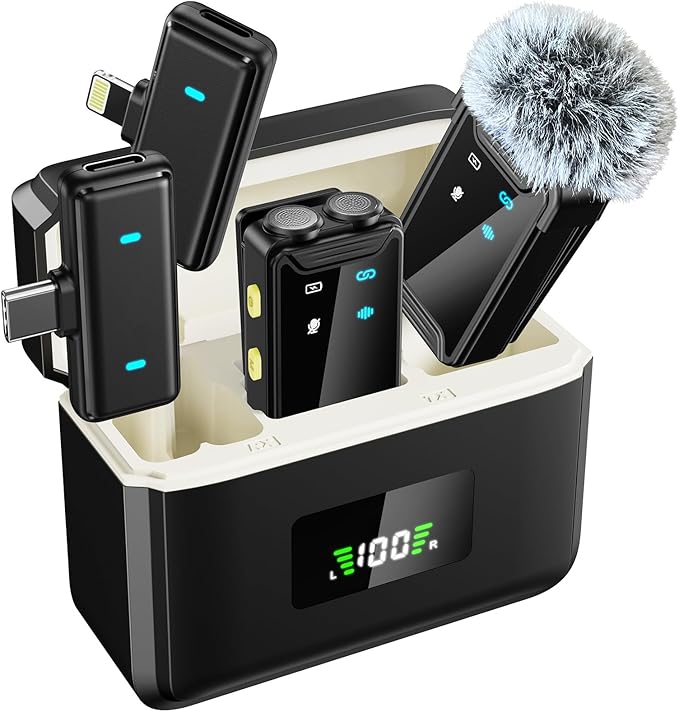 Mini Microphone for iPhone/Android(2TX+2RX+Charging Case)with AI Noise Cancelling, Wireless Lavalier Mic with 48kHz/24-bit High Fidelity,48H,164FT for Vlogging/Video Recording/Content Creators/TikTok