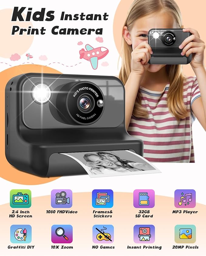 Instant Print Camera for Kids, 1080P Digital Video Cameras, Christmas Birthday Gifts Toys for Age 3-12, Toddler Camera for 4 5 6 7 8 9 10 Year Old Boys - Black