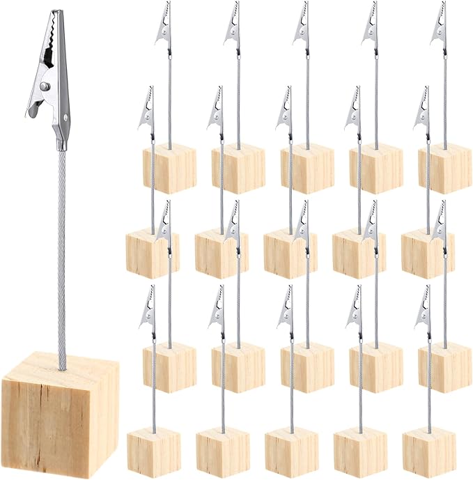 Gersoniel 20 Pcs Cube Base Memo Clip Holder with Alligator Clip Wood Table Number Holder Cube Base Place Card Stand Mini Photo Menu Stand for Displaying Number Card (Light Wood Color)
