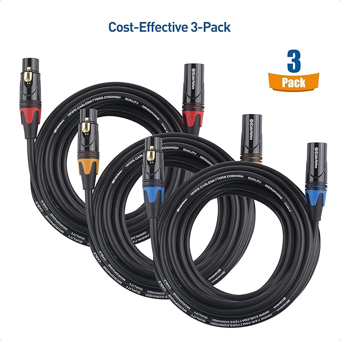 Cable Matters 3-Pack Color-Coded Premium Shielded XLR Cables - 15ft, Oxygen-Free Copper (OFC) XLR Microphone Cable Male to Female, Black