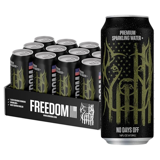 NO DAYS OFF Premium Sparkling Water+ Limited FREEDOM Edition - 12 Pack, 16 fl oz Can - Ultra-Purified Reverse Osmosis with MORE Bubbles, American Sourced-Filled-Packaged, Served in BPA-free Cans