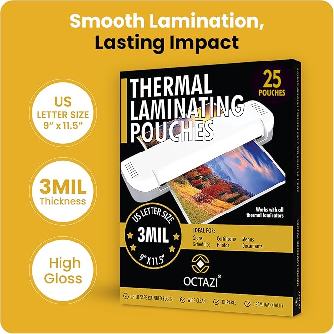 Thermal Laminating Sheets 3 Mil – Holds 8.5 x 11 Inch Documents, 9 x 11.5 Inch, 25-Lamination Pouches with Round Corners, Clear Glossy Thermal Laminating Paper for Home & Office Laminators