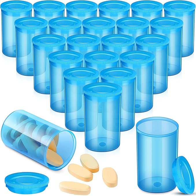 JOVITEC 30 Pack Plastic Film Canister Holder 35 mm Empty Camera Reel Containers Pill Medicine Bottles with Lids for Small Accessories, Prescription Medication, Vitamins, Coins, Art Beads(Blue)