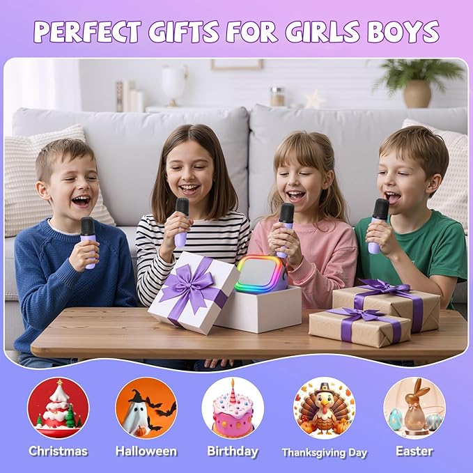 Upgraded Mini Karaoke Machine with 4 Wireless Microphones for Kids Girls Boys - Karaoke Party Speaker Christmas Birthday Gifts for 4 5 6 7 8 9 10 11+ Year Old - Kids' Instrument Accessories - Purple