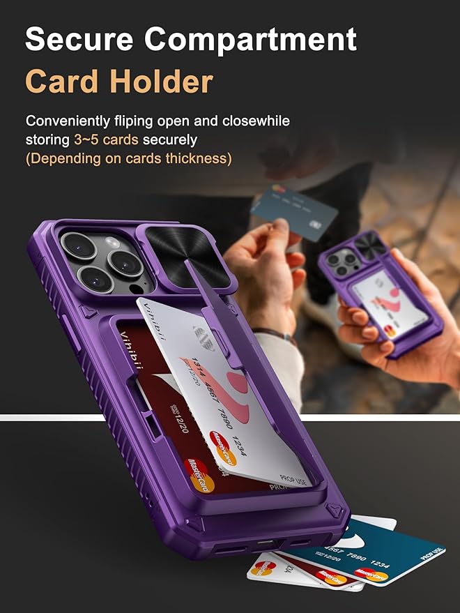 Vihibii for iPhone 15 Pro Max Wallet Case with Card Holder (4 Cards) & Slide Camera Cover & Kickstand, Raised Edges Protect Screen, Rugged Hard Back Cover for iPhone 15 Pro Max, 6.7" 2023, Dark Purple