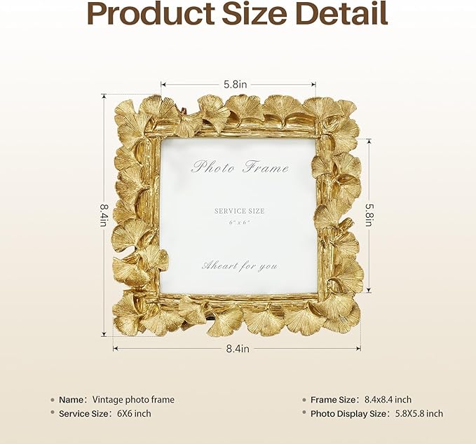 Cuspin 6x6 Picture Frame Vintage Gold Frames, Gold Ornate Leaf Textured Hand-Crafted Resin with Glass Front Antique Photo Frame for Tabletop Display, Retro Design Home Decor