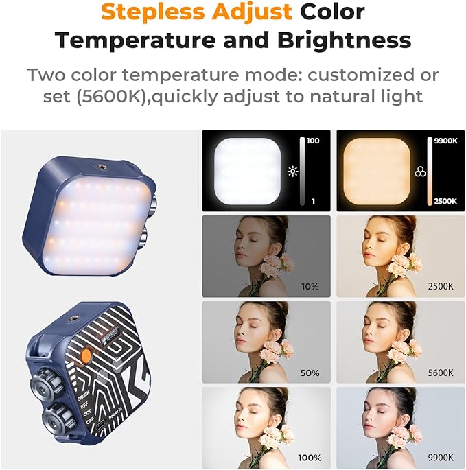 K&F CONCEPT Bi-Color LED Video Light, 2000mAh Rechargeable Portable Camera Lights, CRI 96+, 2500K-9900K, 15 Light Effects, Photography Lighting for Vlogging, Selfie, Blue