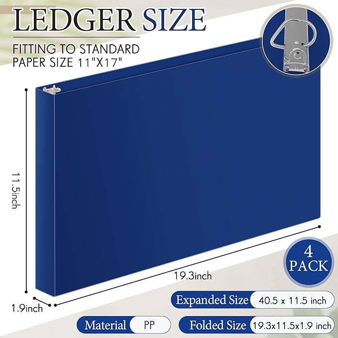 Humyoun 4 Pcs 11 x 17 Inch 3 Ring Binders 1.5 Inch Rings Heavy Duty View D Ring Binders Economy Holds 11" x 17" Paper for Artwork Blueprints, Office, Home, Work Places(Blue)