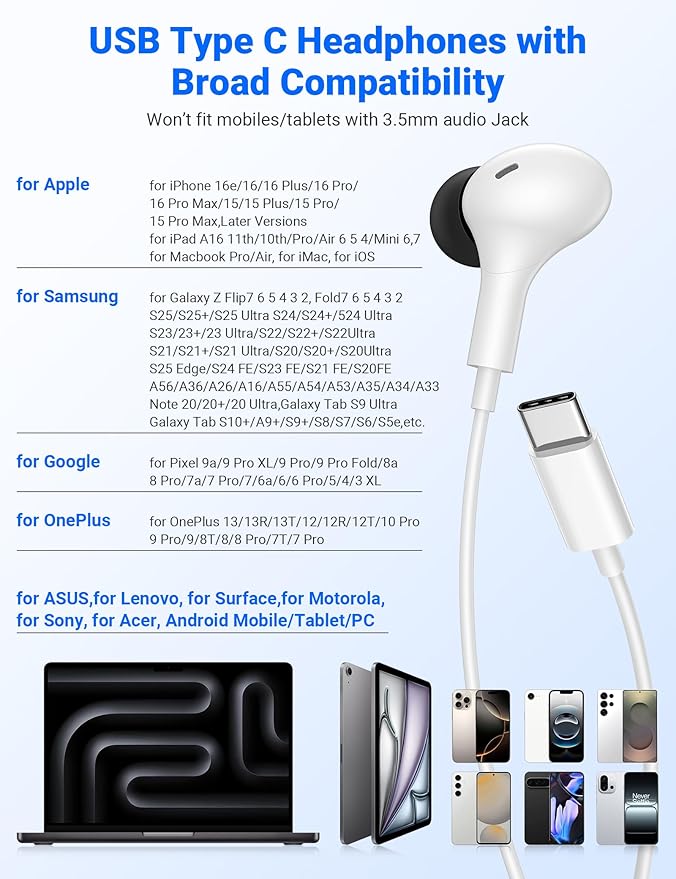USB C Earbuds with Microphone Cute in Ear Wired Headphone USB-C Plug Ear Buds Corded Head Phone Magnetic Type C Earphone for iPhone 17 Pro Max 16 Plus 15 16e for Samsung A17 A16 S26 S25 S24