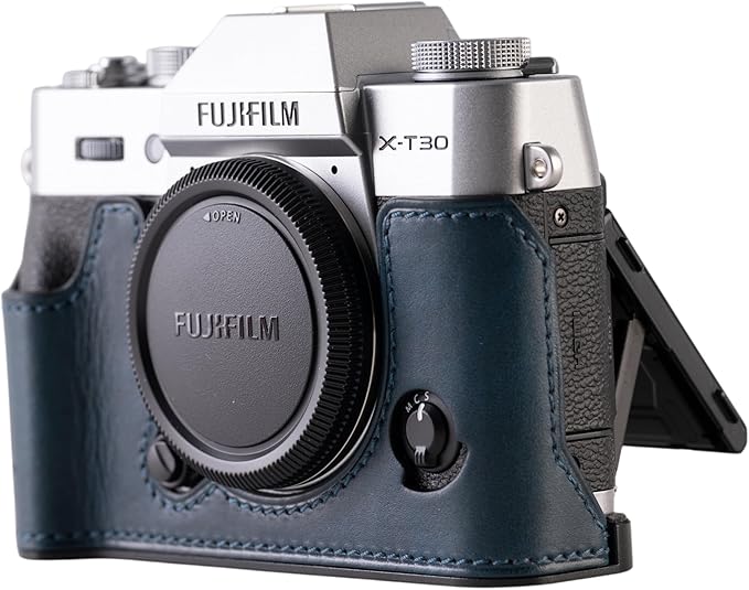 Handmade Genuine Leather Camera Half Case for FUJIFILM X-T30III /FUJIFILM X-T30III Camera Case/FUJIFILM X-T30III Case - Top Layer Cowhide Body + Metal Base Plate (Museum-C-Blue)