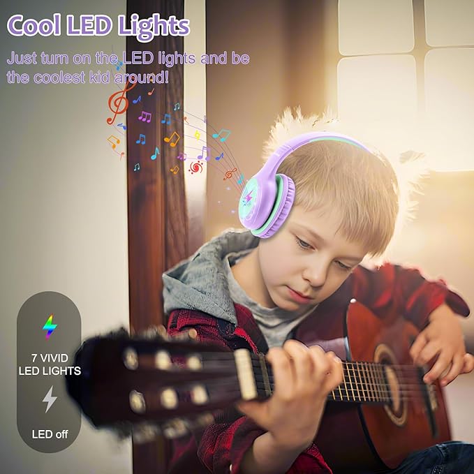 Kids Headphones Wired with Microphone, USB Type C Headphones for Kids Girls Boys with Cord/LED Lights/85/94dB Volume Limit, Portable Over Ear Headphones for School/Travel/Tablet/iPad