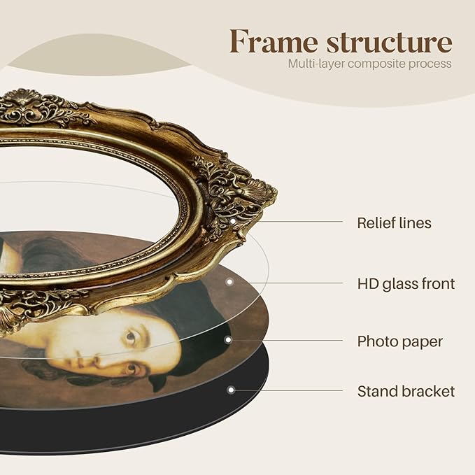 Cuspin 4x6 Vintage Picture Frame Gold Frames, Bronze Gold 4 by 6 Picture Frame Hand-Crafted Resin with Glass Front, Ornate Retro Oval Photo Frame for Wall Hanging and Tabletop Display