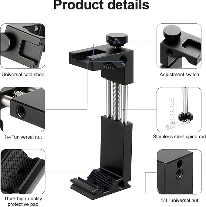 Metal Phone Tripod Mount with Arca Port Cold Shoes & 1/4" Screw Hole, Adjustable Cell Phone Tripod Adapter Clamp Holder Compatible with iPhone Samsung for Video Recording