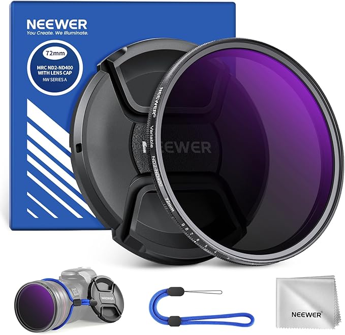 NEEWER 72mm ND2-400 (1-9 Stops) Variable ND Filter with Lens Cap, Lanyard, Cleaning Cloth, Precise Neutral Density Adjustment, Fingerprint & Scratch Resistant Multicoated Optical Glass