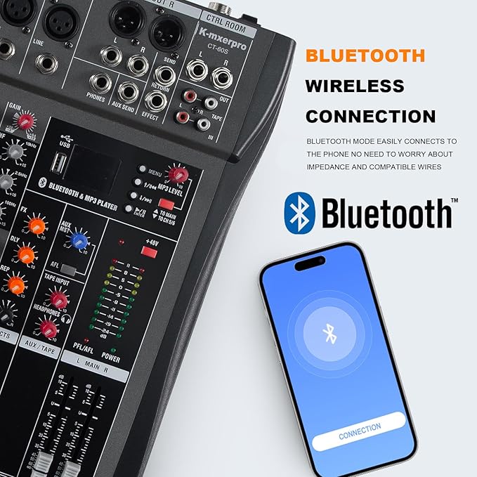 6 Channel Professional Audio Mixer Console Sound Board with 48V Phantom Power,USB Audio Interface for Live Show,Streaming Recording Music Stage Karaoke