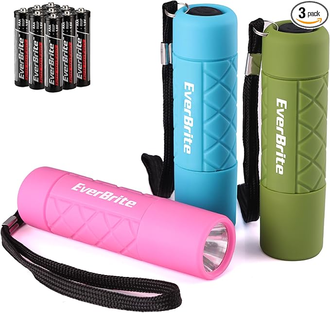 EverBrite Mini Flashlight 3-Pack, Small Flash Lights 9 AAA Batteries Included, Pink/Green/Blue LED Flashlights with Lanyard for Camping/Emergencies, Christmas Gifts