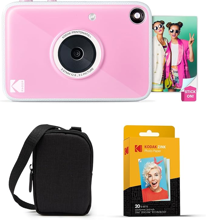 Kodak Printomatic+ Instant Print Digital Camera Starter Bundle + Carrying Case + Zink 20pk Sticky-Back Photo Paper - 10MP, Full-Color Photos, GB LED Status Indicator - Pink