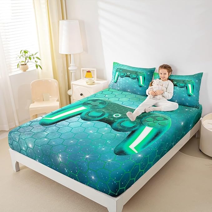Gamer Twin Bedding Sets for Boys Gaming Sheet Sets Green Gradient Honeycomb Hexagon Print Fitted Sheet Video Games Flat Sheet 2 Pcs Modern Soft Microfiber All Season Machine Washable Bed Sheet
