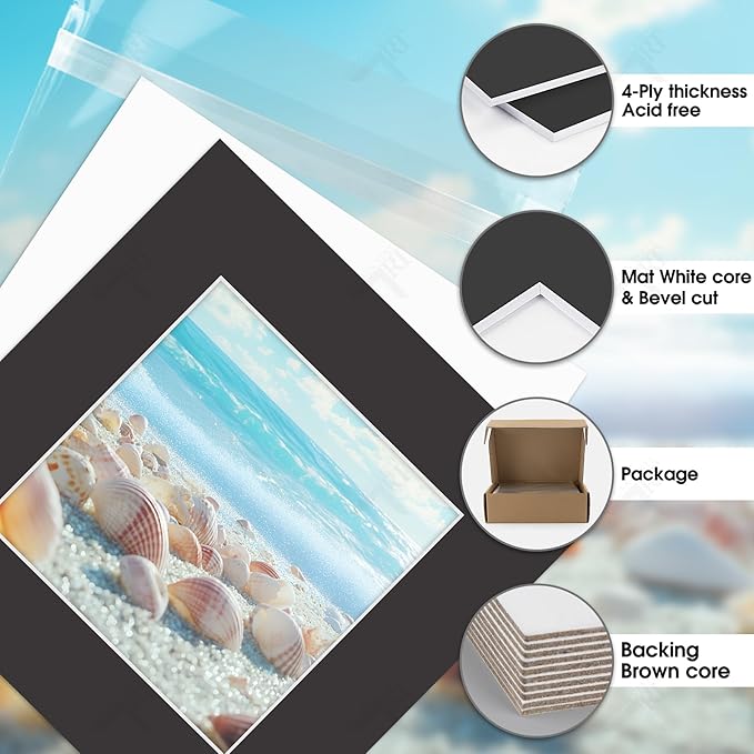 Golden State Art, Acid-Free, Pack of 25, 12x12 Black Picture Mats Mattes with White Core Bevel Cut for 8x8 Photo + Backing + Bags