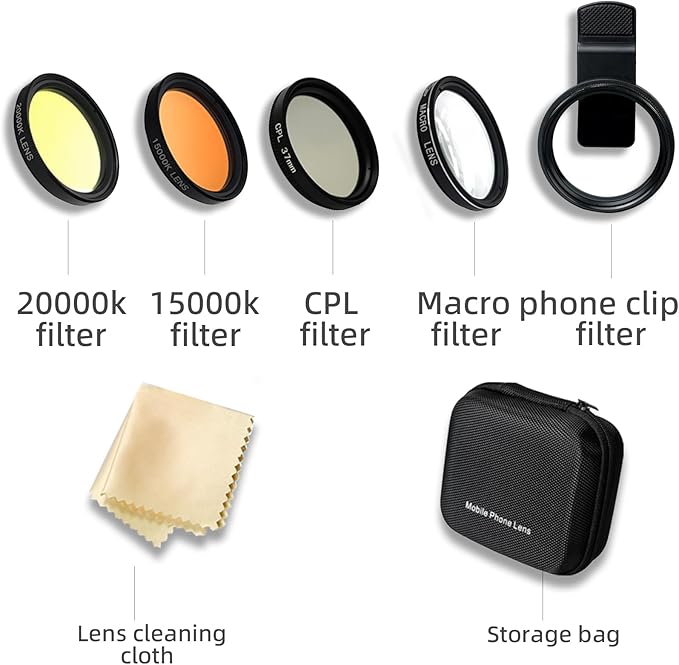37mm Clip-on Phone Lens Filter Kit - 4 in 1 High-Definition Lenses for Coral Aquarium Reef Underwater Photography, Full Yellow/Orange Filter, CPL Polarizing Filter, Macro Lens