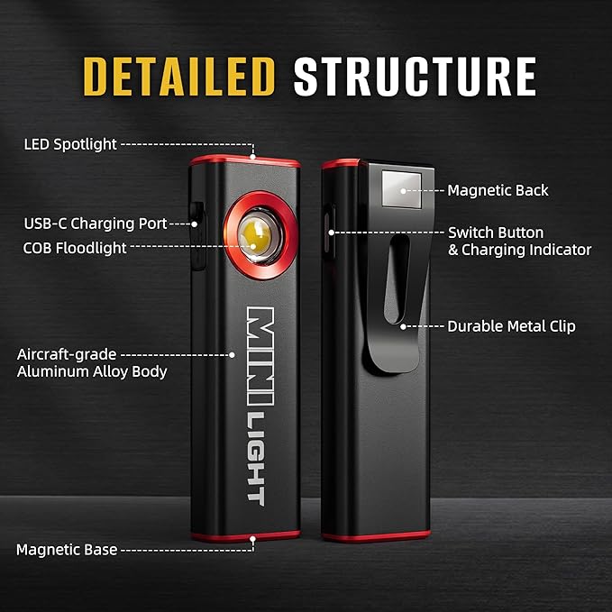 lexall Flashlight, 1600 Lumens Mini Magnetic Flat EDC Flashlight with Clip, 3 Modes Portable Ultra-Light Bright Waterproof Pocket Light for Working, Camping, Repairing, Emergencies