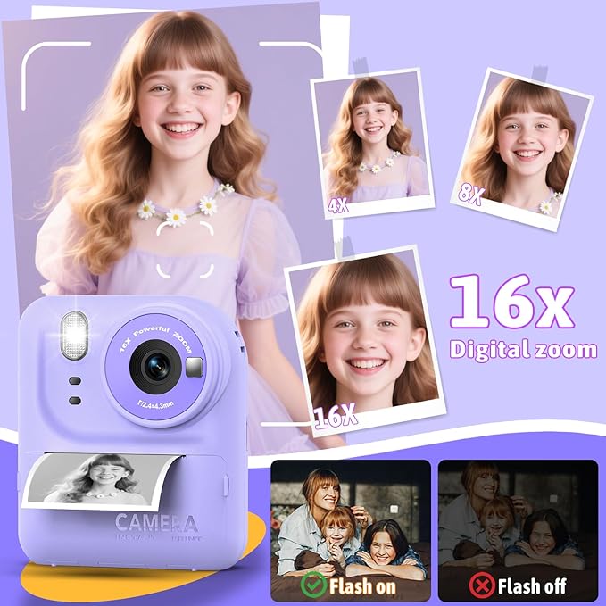 Okaloka Kids Instant Print Camera Toys,1080P HD Toddler Digital Video Camera,Christmas Birthday Gifts for Girls Boys Age 3-12 Year Old - 32G SD Card Included (Purple)