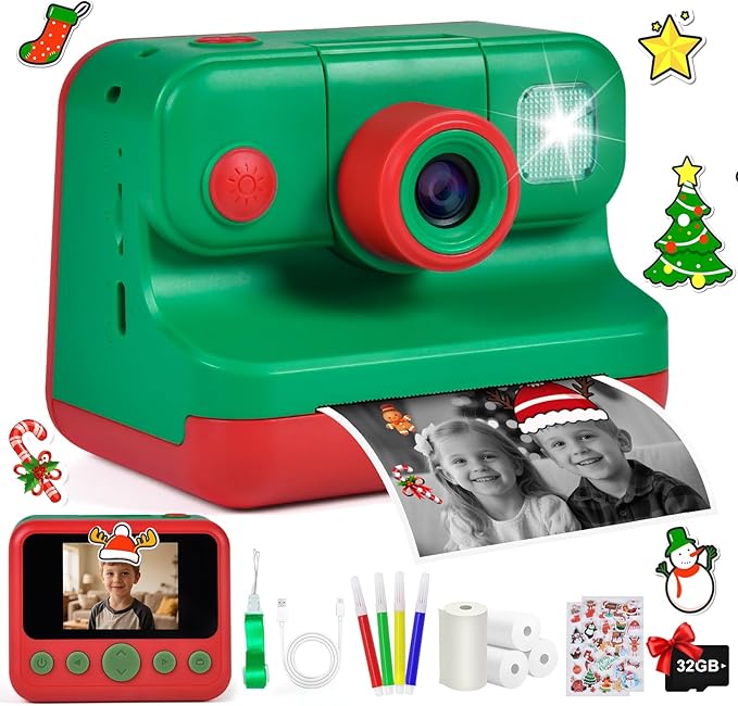 Kids Instant Print Camera with Carrying Bag, 1080P HD Girl Camera with 4 Print Paper Rolls, Color Pens & 32GB Card, Christmas Birthday Gifts Kids Girl Toys for 3-12 Years Old (Pink)