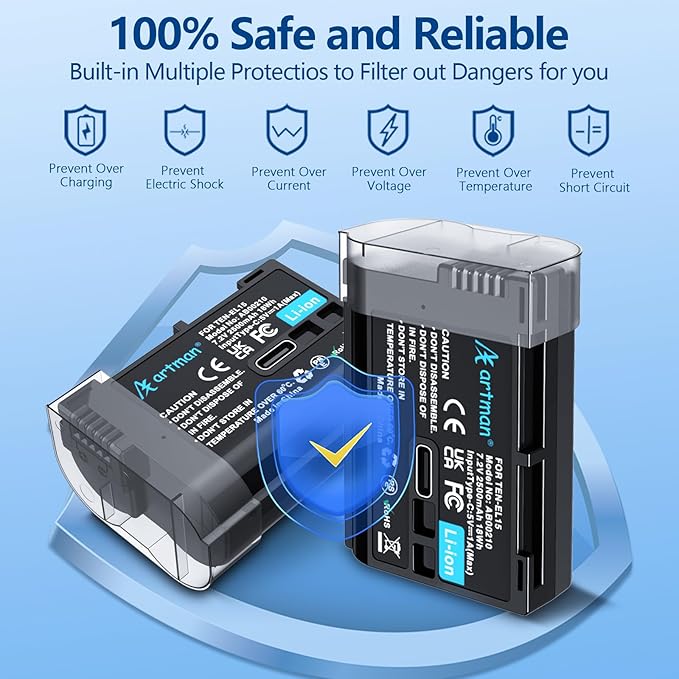 Artman EN-EL15C Battery 2-Pack 2500mAh with 2in1 USB-C Charging Cable, EN-EL15 Battery for Nikon Z8 Zf Z5 Z6 Z6 II Z7 Z7II D7000 D7200 D7500 D600 D610 D750 D780 D800 D850 D800E D810 D810A 1 V1 Cameras