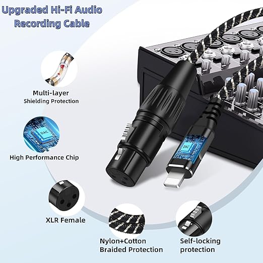 XLR to i Phone Microphone Cable,6.6FT XLR Female to Light ning Microphone Cable for Dynamic Microphones or Recording Karaoke Sing,Compatible with i-Phone 14/13/12 pro max,i-Pad 9/8/7