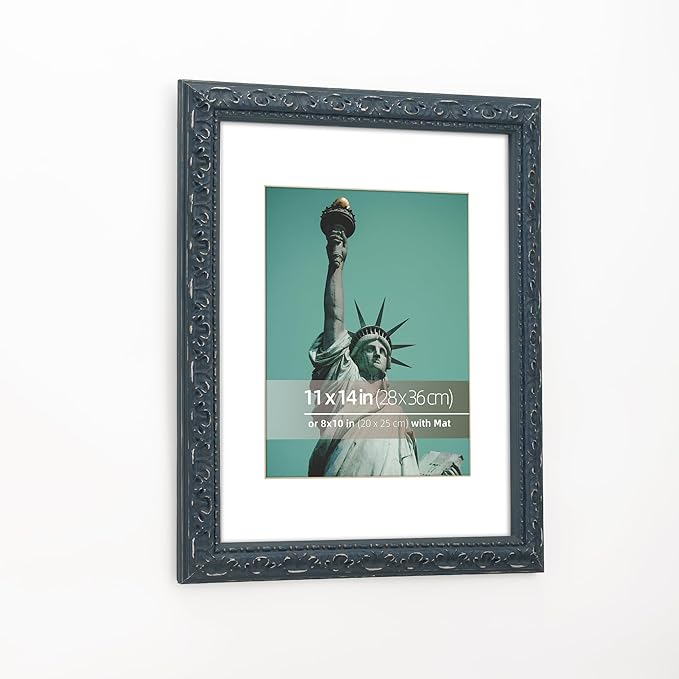 11x14 Embossed Scrollwork Distressed Wood Vintage Antique Retro Picture Frame, Display 8x10 Photos, Art Prints with Mat, Glass Cover, Dark Navy Blue