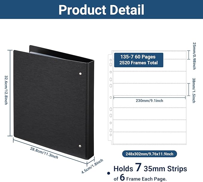 Acid Free Film Negative Binder - 3 Ring Binder with 60 Pack 35mm Negative Sleeves for Film Storage, Up to 2520 Frames, 35mm Film Holder, Film Camera Accessories