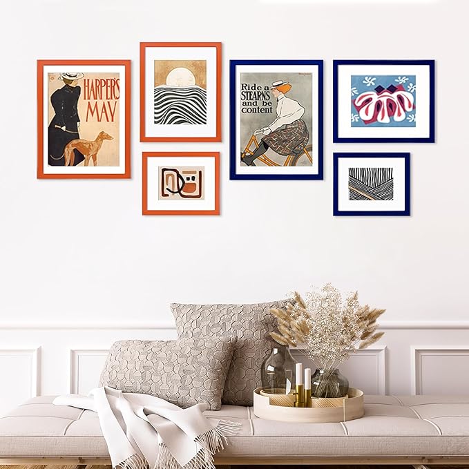 KINLINK 11x14 Picture Frame Orange, Solid Wood Frames with Acrylic Plexiglass for Pictures 5x7/8x10 with Mat or 11x14 without Mat, Tabletop and Wall Mounting Display, Set of 4