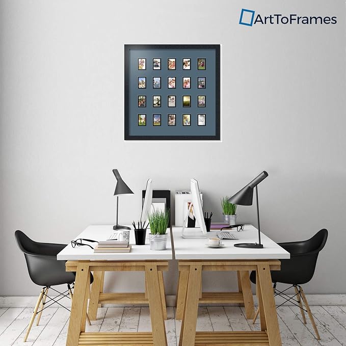 ArtToFrames Collage Photo Frame Double Mat with 20-2x3 Openings with Satin Black Frame and Dutch Blue mat.