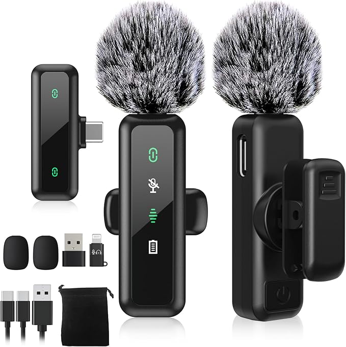 USB C Wireless Lavalier Microphone for iPhone 15/16, Mini Lav LED Mic for Android Phone with Noise Cancelling, Lapel Podcast Microphone for Tiktok Content Creator Video Recording, Streaming, Vlogging