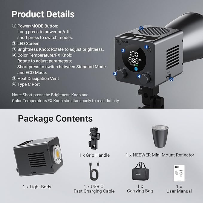 NEEWER 60W Mini LED Video Light with 50Wh Battery/100W PD Fast Charging, APP/2.4G Control/NFC, Bi Color Dimmable COB Studio Continuous Output Lighting 44,800 lux/1m 2700-6500K CRI97+ 12 Scenes, HB60B