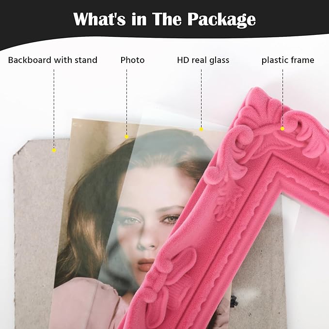 Small 5x7 Picture Frame with Velvet Finish, Cute Pink Decorative Photo Frame for Girly Women Bedroom Living Room, Vintage Ornate Frame for Modern Home Office Decor (Pink)