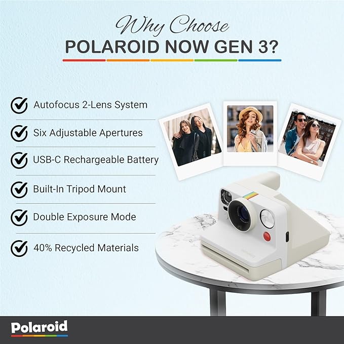 Polaroid Now Generation 3 I-Type Instant Camera (Pebble White) Bundle with Color I-Type Film (8 Exposures), Hard Protective Case and Wrist Strap