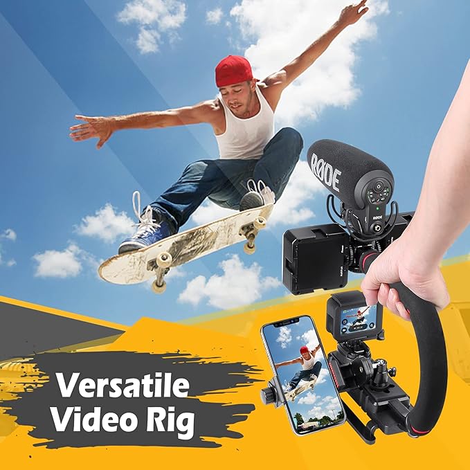 Zeadio Video Handheld Stabilizer, Triple Cold-Shoe Handle Grip with Smartphone Holder、360° Ball Head Mount, Compatible with All Camera Sport Camera DSLR Smartphone