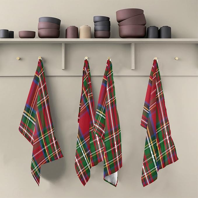 Christmas Tartan Plaid Striped Pattern Kitchen Dish Towels Set of 4, Tea Towels Absorbent Microfiber Cleaning Cloth Decorative Quick Dry