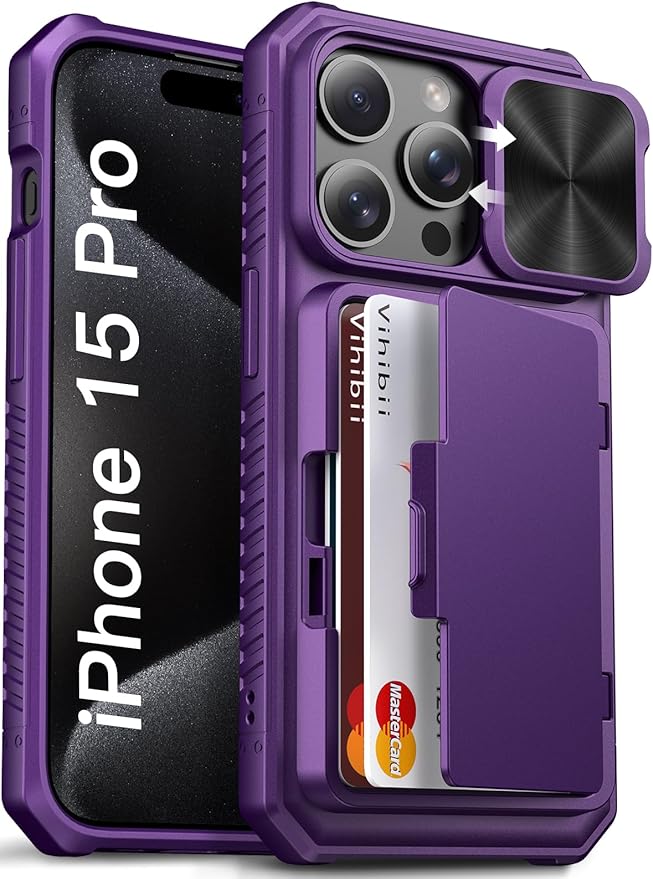 Vihibii for iPhone 15 Pro Wallet Case with Card Holder (4 Cards) & Slide Camera Cover & Kickstand & Raised Edges Protection, Shockproof Rugged Phone Cover for iPhone 15 Pro 5G 6.1" 2023, Dark Purple