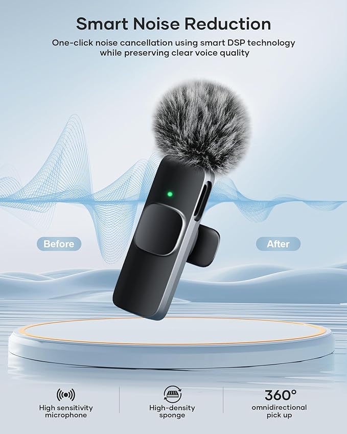 3-in-1 Wireless Lavalier Microphone for iPhone, iPad, Android, Camera - Noise-Canceling Mini Mic with 2.4G Ultra-Low Latency for Vlog, TikTok & YouTube Streaming (2 Mics)