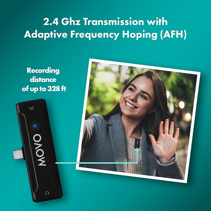 Movo WMX-2-C Wireless Microphone for USB-C Devices – Wireless Lavalier Mic System with Charging Case – Clip-On Lapel Mic for iPhone 15 and Up, Android, iPad Pro, MacBook – 7HR Battery, 328ft Range