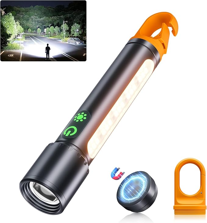 Magnetic Flashlight Rechargeable,5000mAh Flashlights High Lumens with 9 Modes,Waterproof, Adjustable,Powerful Flash Light,Emergency Multi-Flashlights for Home,Car,Hiking,Camping (1, Black)