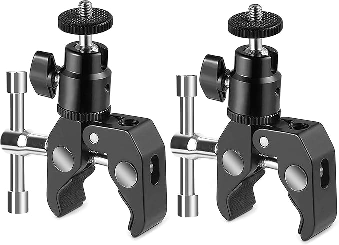 SLOW DOLPHIN Photography Super Clamp with Camera Clamp Mount Ball Head Clamp and Mini Ball Head Hot Shoe Mount Adapter with 1/4'' -20 Tripod Screw for LCD Monitor, LED Flash Light,Microphone (2 PCS)