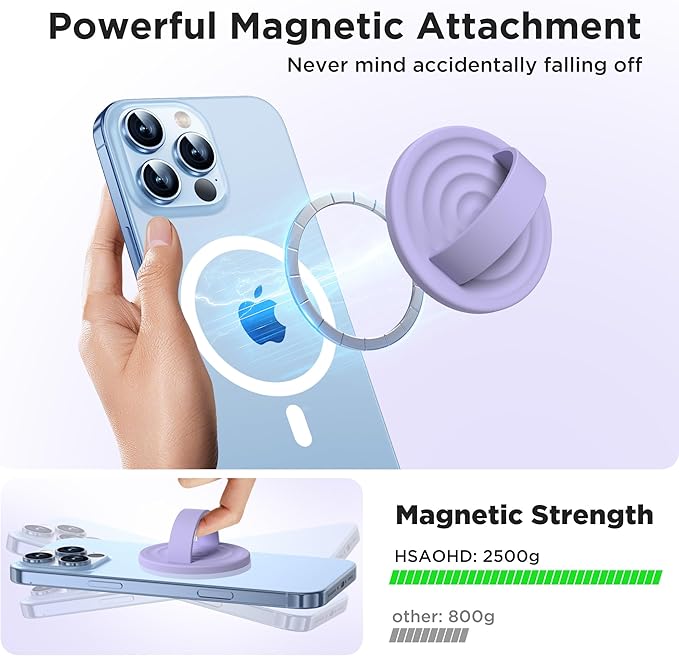 Upgraded Magnetic Phone Grip, Liquid Silicone Soft and Portable, Removable Finger Loop Ring Grip Holder for iPhone, Strong Magnetic Attraction, Compatible with MagSafe Phone Case, Lilac Purple