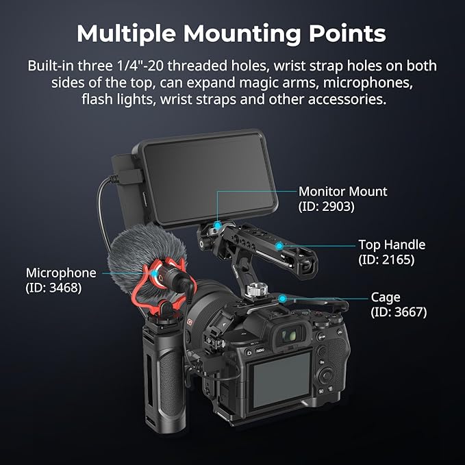 SmallRig Mini Camera Side Handle with NATO and 1/4"-20 Screws Installation Options, for Left and Right Hand, with 1/4"-20 Threaded Holes, Wrist Strap Holes, Cold Shoe, Up and Down Adjustable